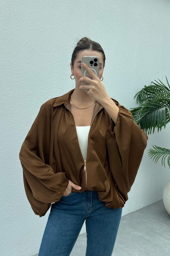Yarasa Kol Saten Ceket - KAHVERENGİ
