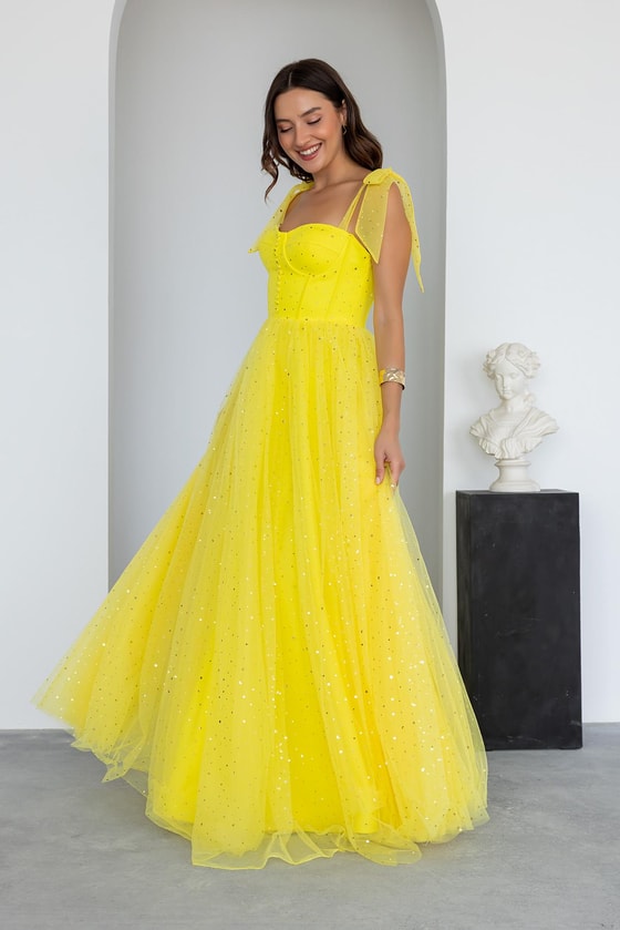 Yıldızlı Tül Abiye - SARI