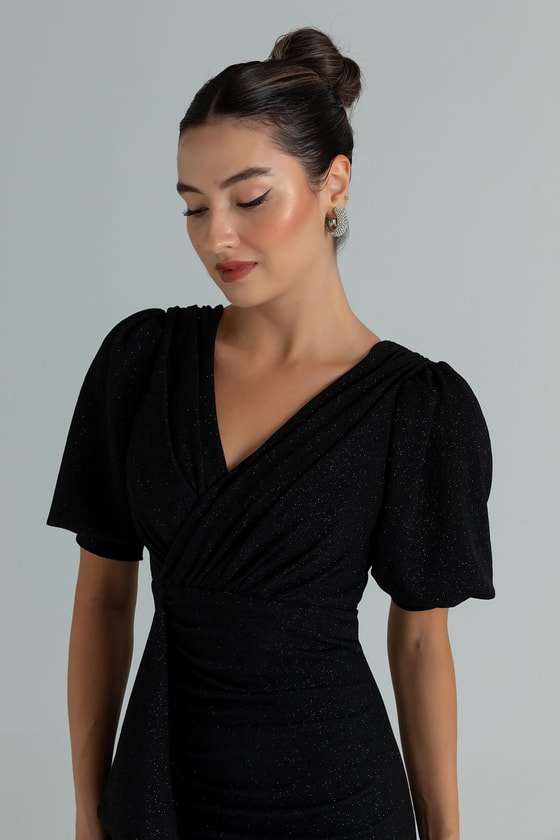 Yırtmaçlı Simli Uzun Abiye - SİYAH