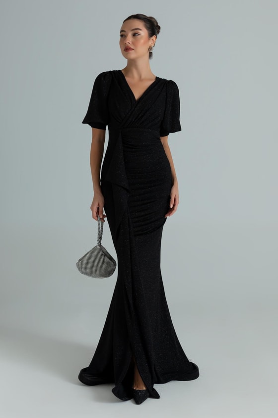 Yırtmaçlı Simli Uzun Abiye - SİYAH