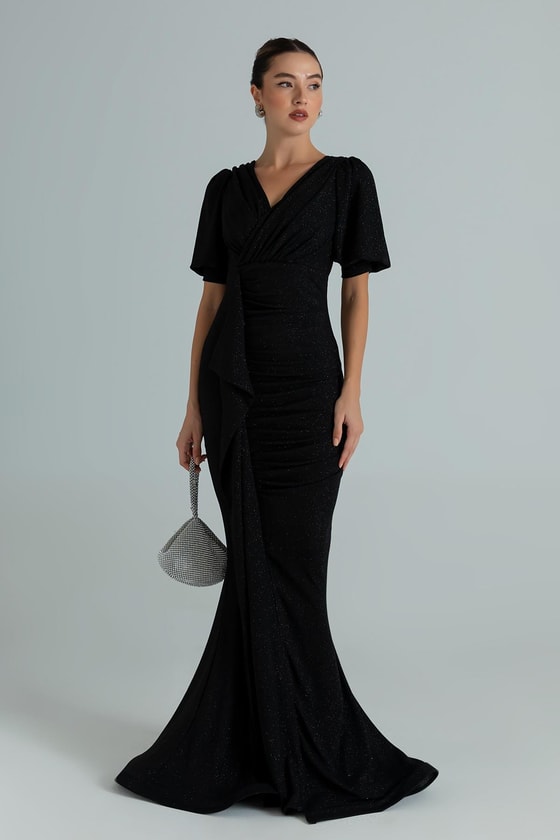 Yırtmaçlı Simli Uzun Abiye - SİYAH