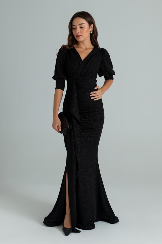 Yırtmaçlı Simli Uzun Abiye - SİYAH