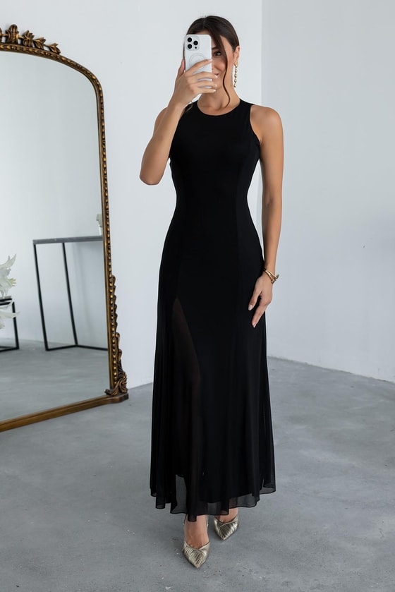 Yırtmaçlı Tül Elbise - SİYAH