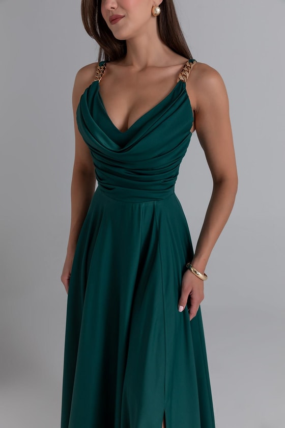 Zincir Askılı Şifon Abiye - ZÜMRÜT YEŞİL