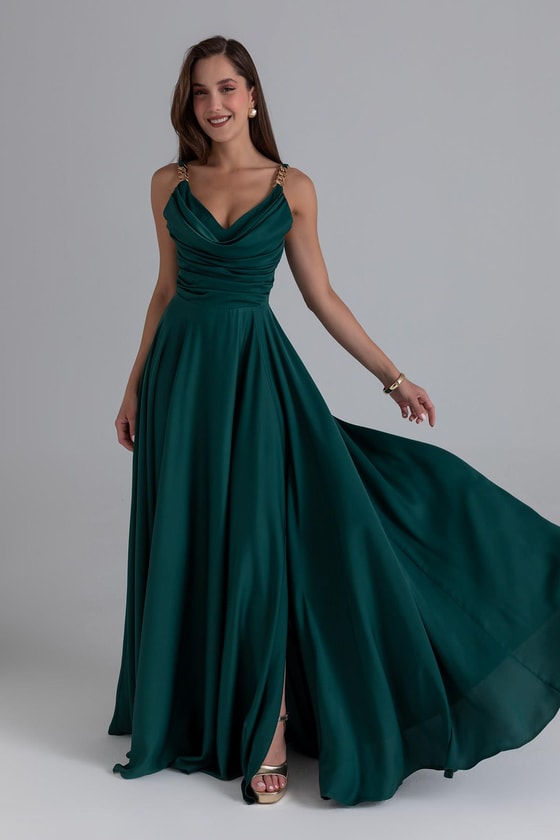 Zincir Askılı Şifon Abiye - ZÜMRÜT YEŞİL