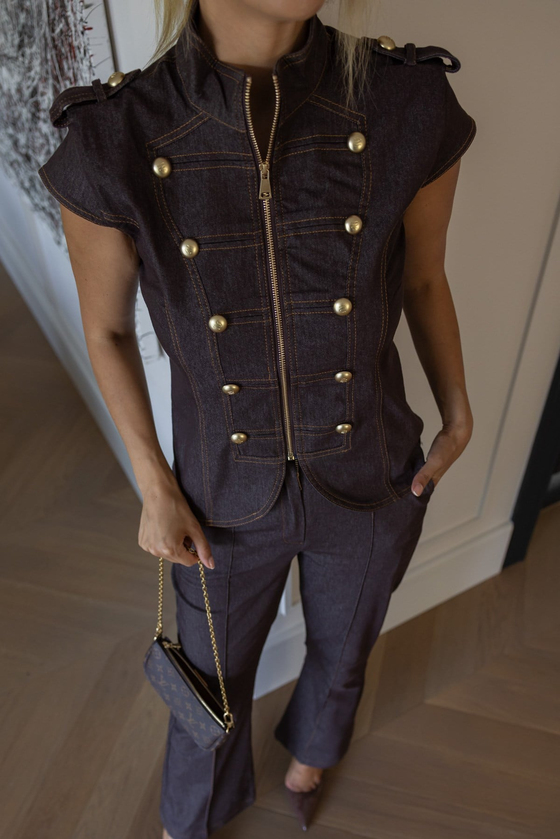Apolet Detay Denim Takım - KAHVERENGİ