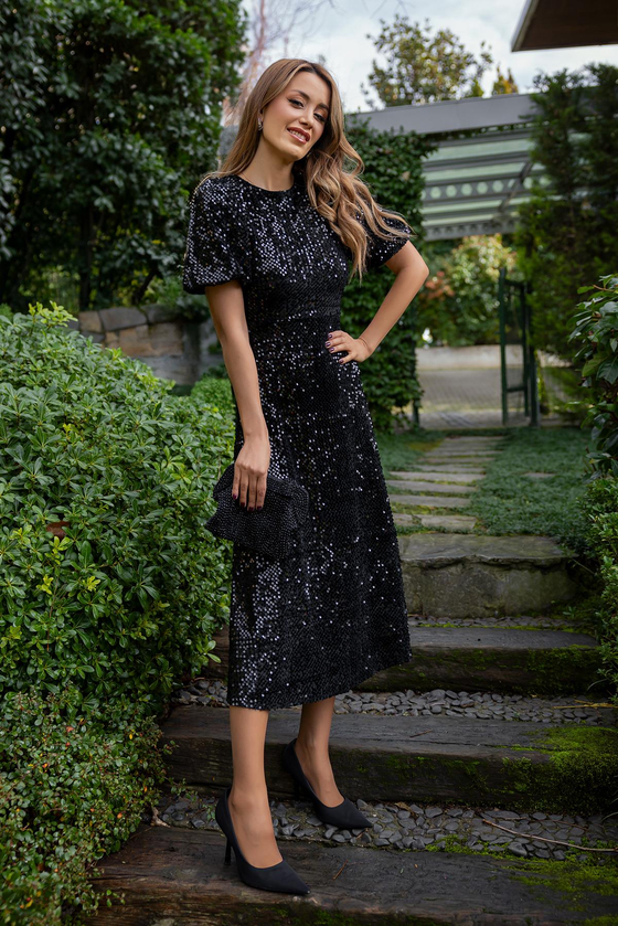 Balon Kol Payetli Elbise - SİYAH