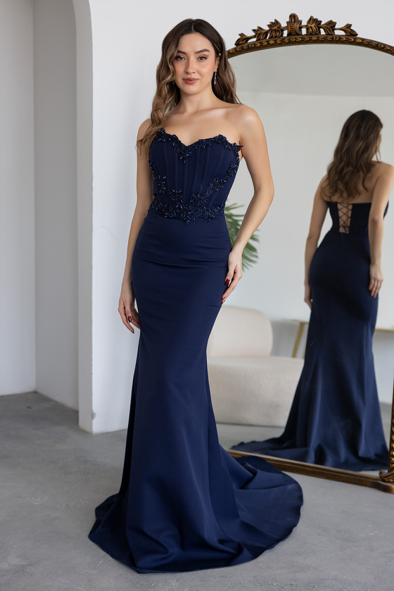 Boncuk İşlemeli Balenli Abiye - LACİVERT