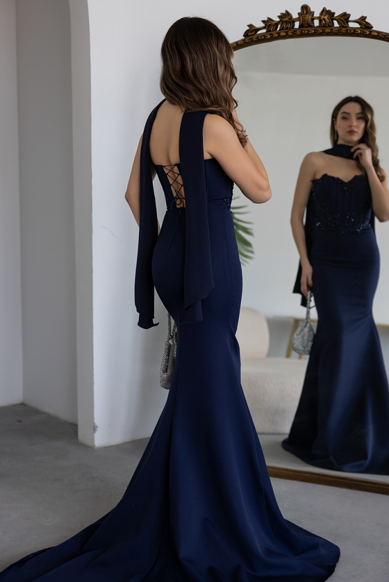 Boncuk İşlemeli Balenli Abiye - LACİVERT