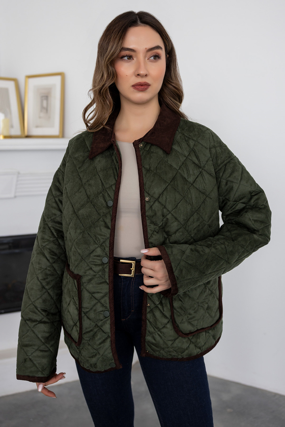 Çıtçıtlı Süet Kapitone Mont - HAKİ