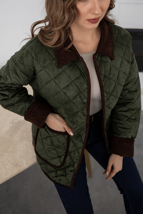 Çıtçıtlı Süet Kapitone Mont - HAKİ