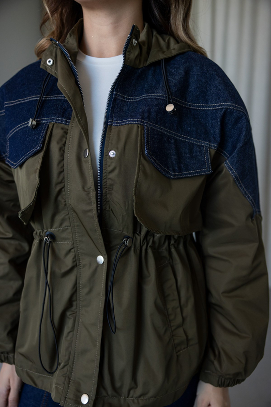 Denim Detay Kapüşonlu Trençkot - HAKİ