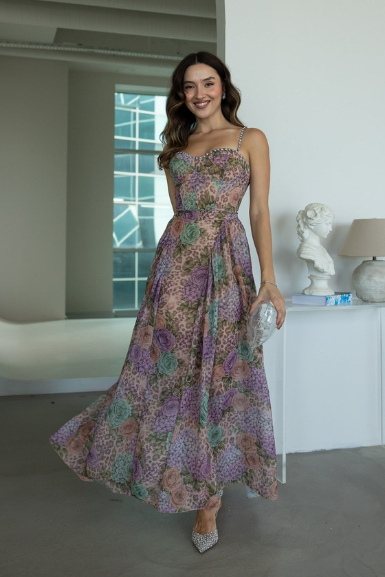 Desenli Maxi Elbise - LİLA