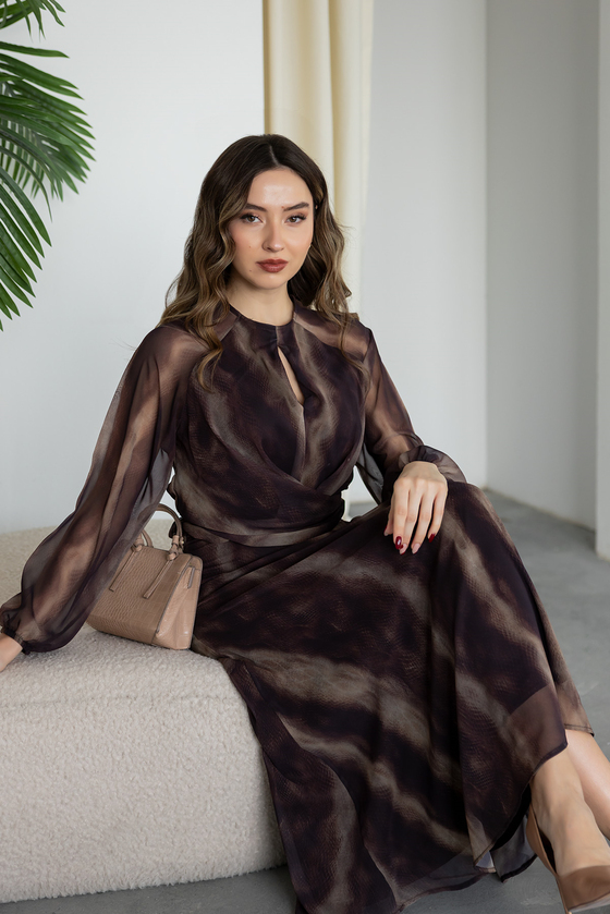 Dökümlü Maxi Elbise - KAHVERENGİ