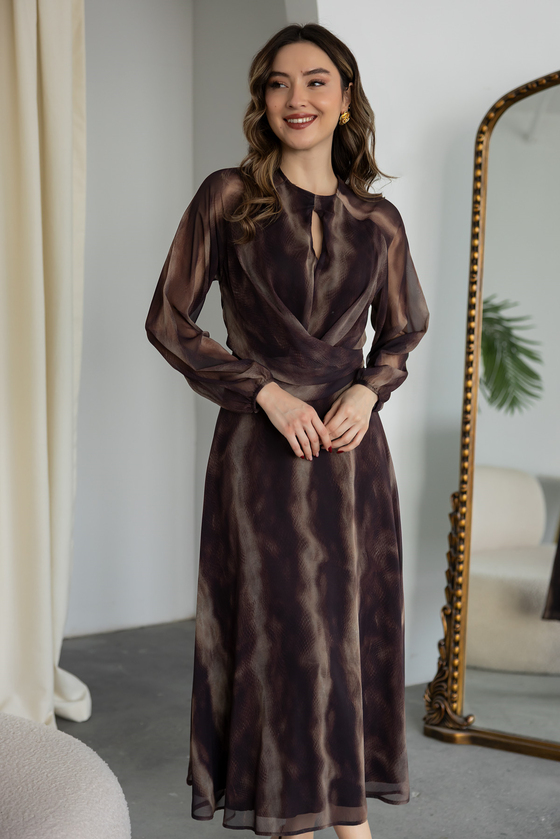 Dökümlü Maxi Elbise - KAHVERENGİ