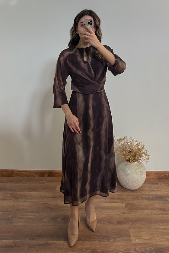 Dökümlü Maxi Elbise - KAHVERENGİ
