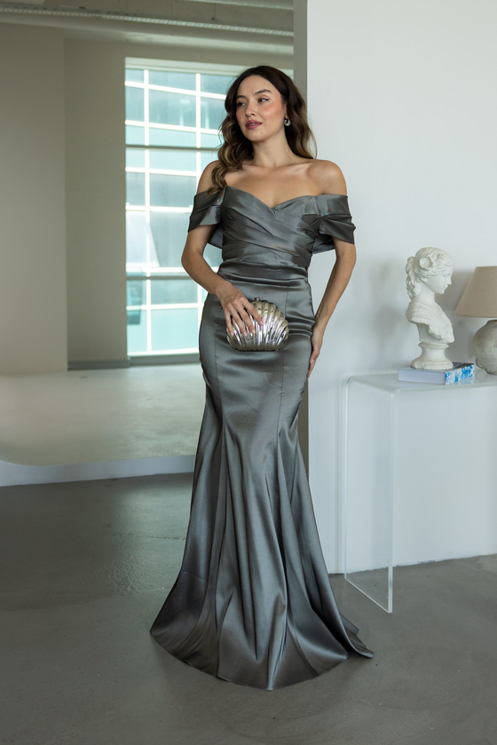 Drape Detaylı Asimetrik Yaka Abiye - ANTRASİT