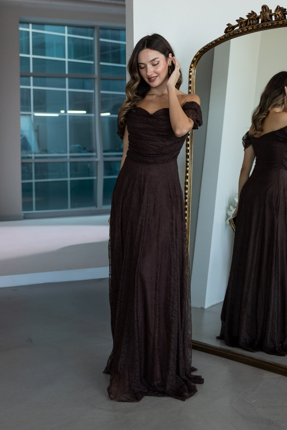 Drape Detaylı Dantel Abiye - KAHVERENGİ