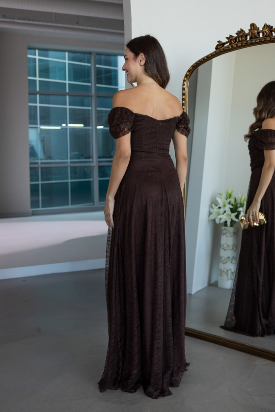 Drape Detaylı Dantel Abiye - KAHVERENGİ