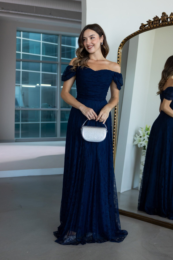Drape Detaylı Dantel Abiye - LACİVERT
