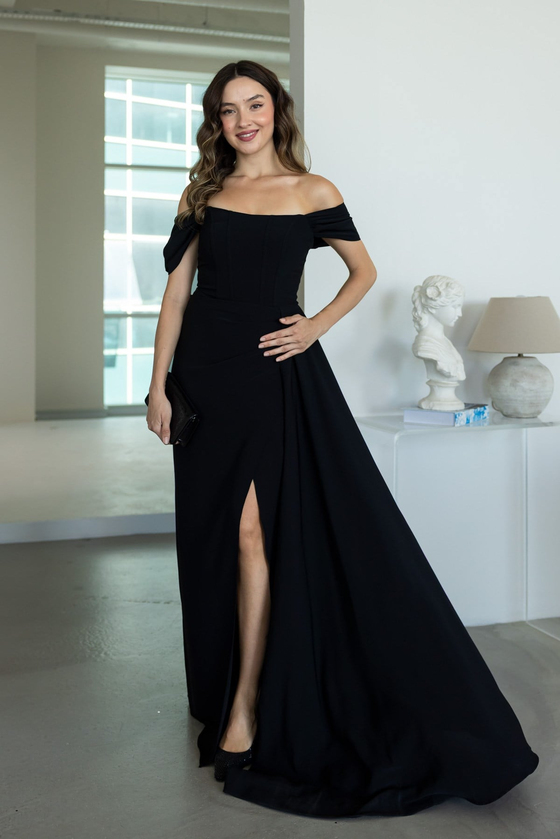 Drape Detaylı Düşük Omuz Abiye - SİYAH