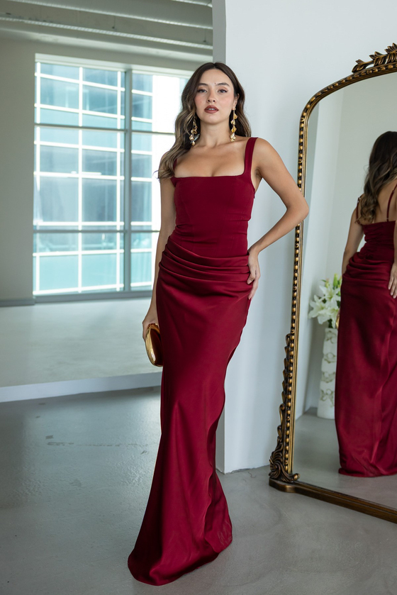 Drape Detaylı Maxi Abiye - BORDO
