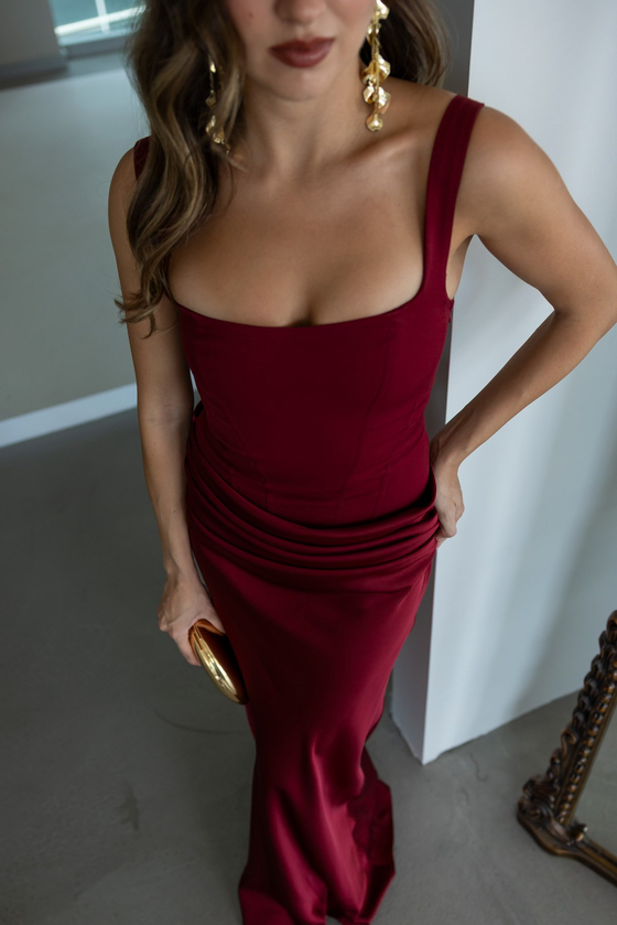Drape Detaylı Maxi Abiye - BORDO