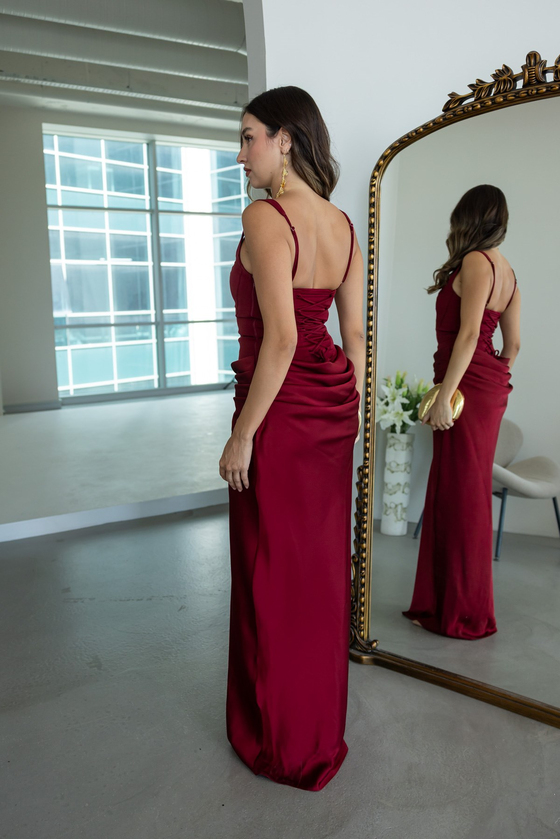 Drape Detaylı Maxi Abiye - BORDO