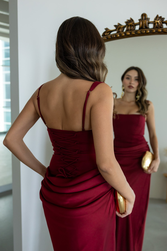 Drape Detaylı Maxi Abiye - BORDO