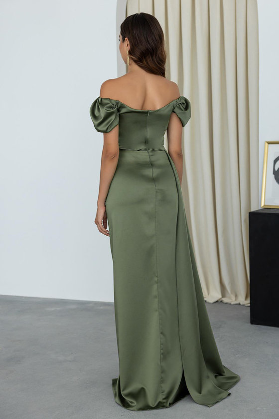 Düşük Omuz Drapeli Abiye - YEŞİL