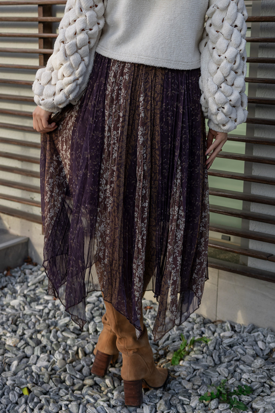 Etnik Desen Şifon Etek - KAHVERENGİ