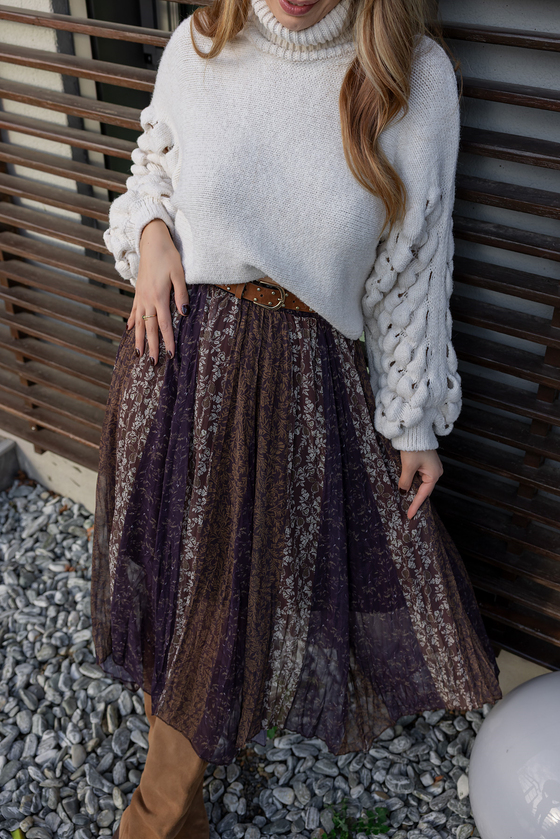 Etnik Desen Şifon Etek - KAHVERENGİ