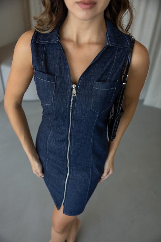 Fermuar Detay Cepli Denim Elbise - LACİVERT