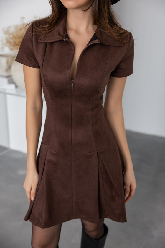 Fermuar Kapamalı Nubuk Elbise - KAHVERENGİ