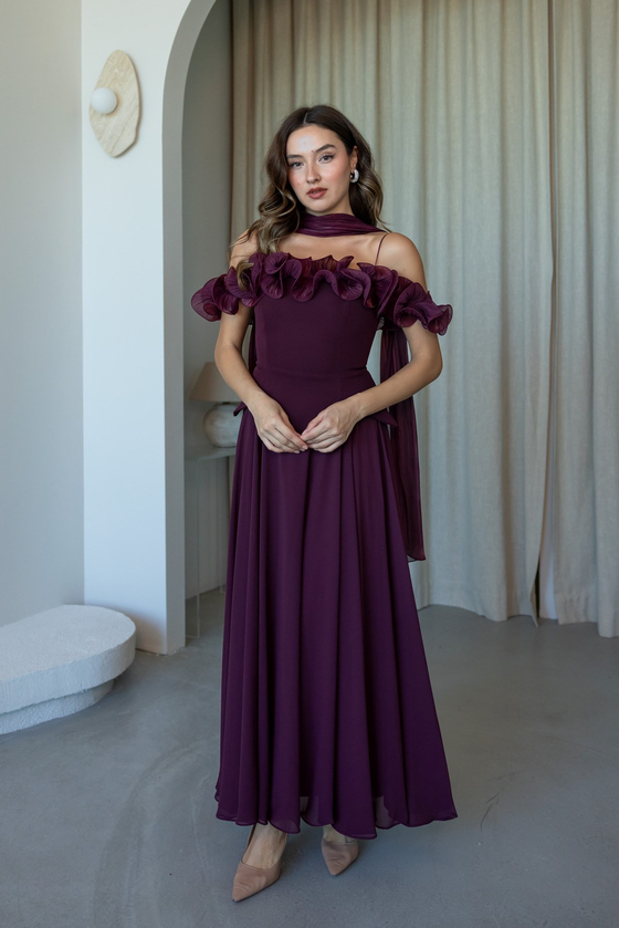 Fırfır Detaylı Şifon Abiye - BORDO