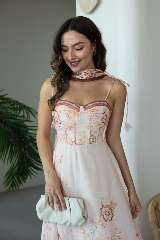 Floral Desenli Kuşaklı Elbise - TURUNCU