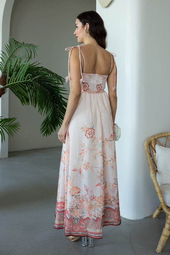 Floral Desenli Kuşaklı Elbise - TURUNCU