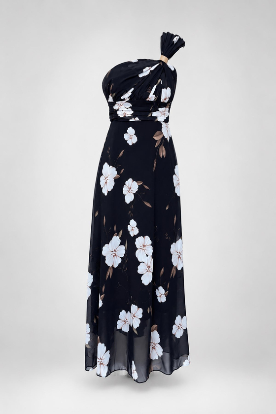 Floral Desenli Tek Omuz Elbise - SİYAH