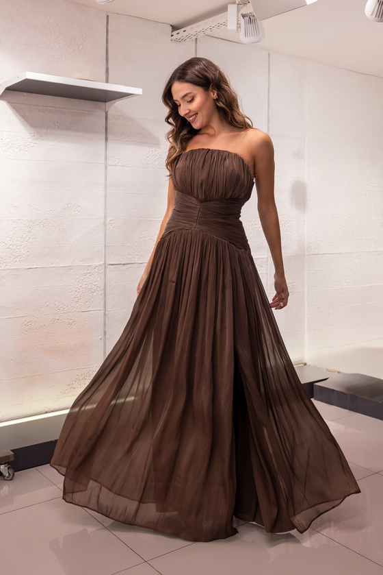 Fularlı Straplez Korsajlı Abiye - KAHVERENGİ