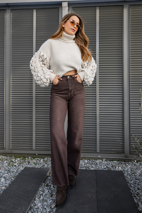 Geniş Paçalı Denim Pantolon - KAHVERENGİ