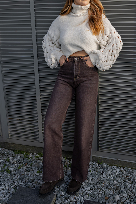 Geniş Paçalı Denim Pantolon - KAHVERENGİ