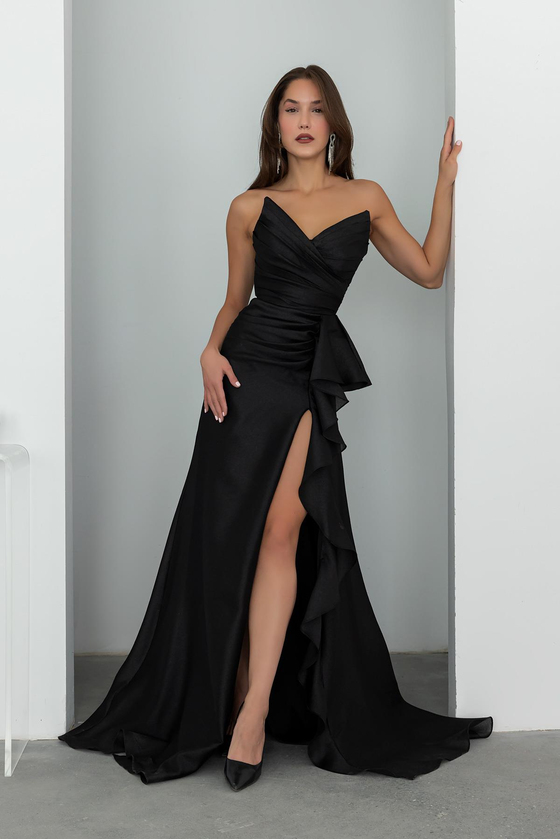 Göğüs Drapeli Uzun Abiye - SİYAH