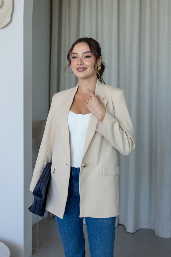 Gold Aksesuar Detaylı Blazer Ceket - KREM