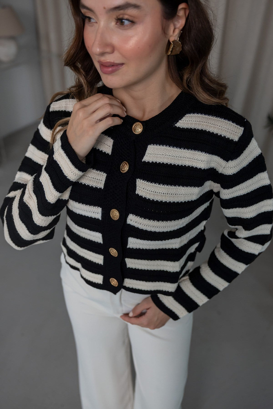 Gold Düğmeli Breton Triko Hırka - SİYAH