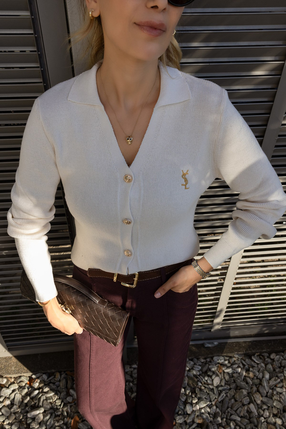 Gold Düğmeli Polo Yaka Hırka - EKRU