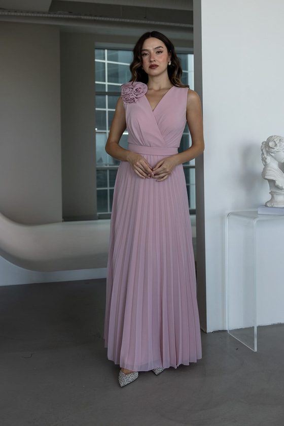 Gül Broşlu Piliseli Abiye - PEMBE