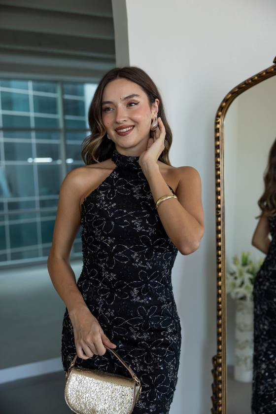 Halter Yaka Çiçekli Elbise - SİYAH