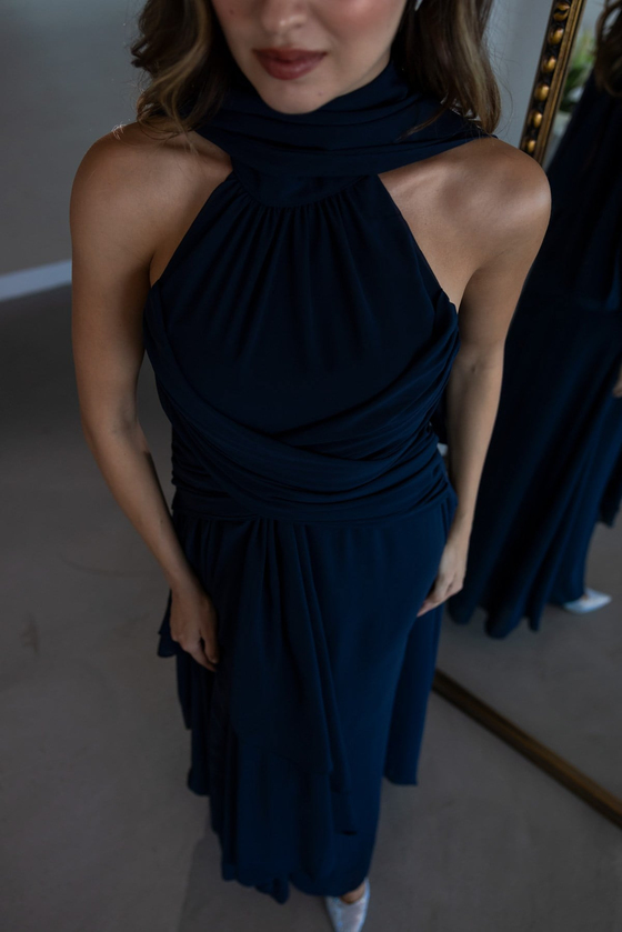 Halter Yaka Drape Detaylı Abiye - LACİVERT