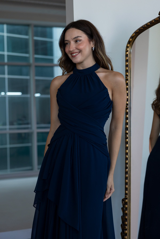 Halter Yaka Drape Detaylı Abiye - LACİVERT