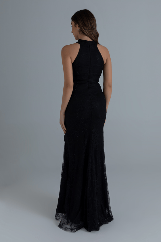 Halter Yaka Drapeli Abiye - SİYAH